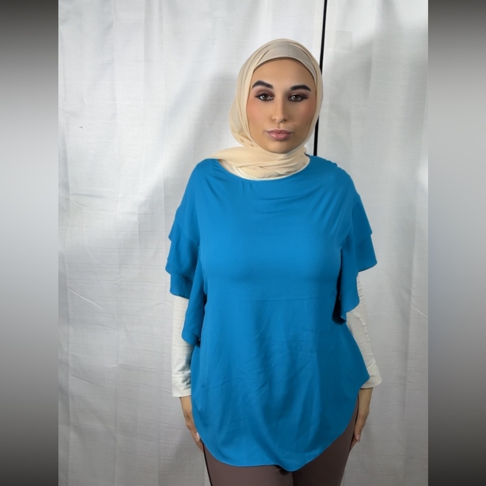 Chicos Blue Ruffle Sleeve Top Size 2/M
